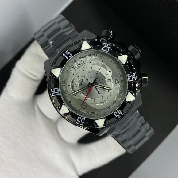 Men's Black Color Military Watch Large Dial All Stainless Steel Night Light Poin